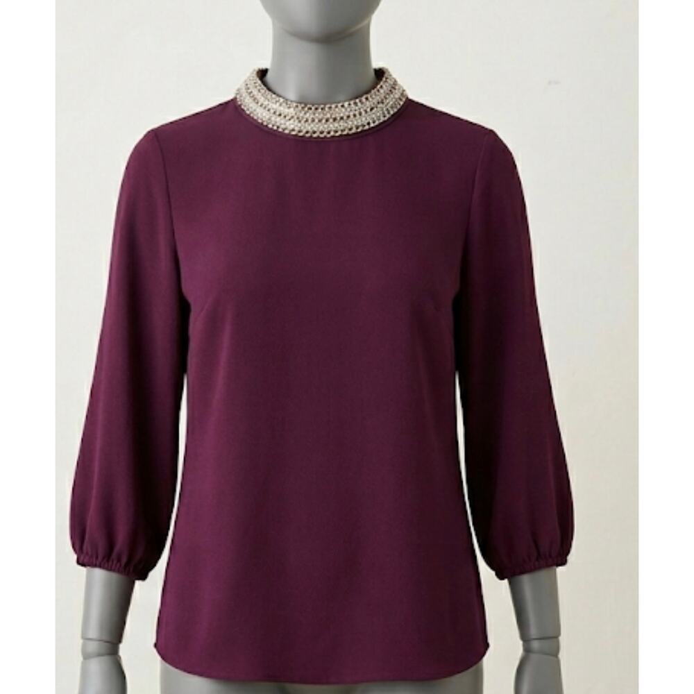 Moa Moa Burgundy Embellished Neckline 3/4 Sleeve Blouse - Large